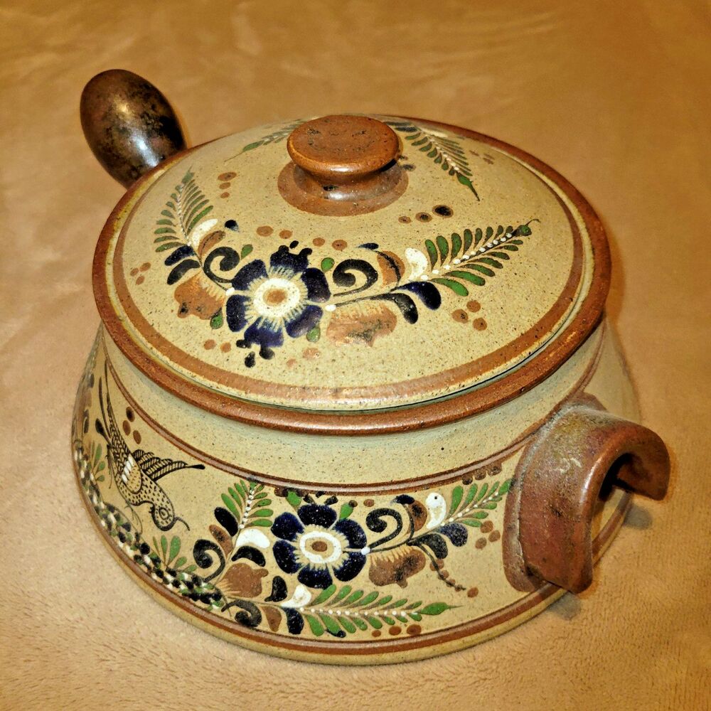 Vintage Netzi Tonala Mexican Pottery Large Soup Tureen Lidded Bowl Bird Floral